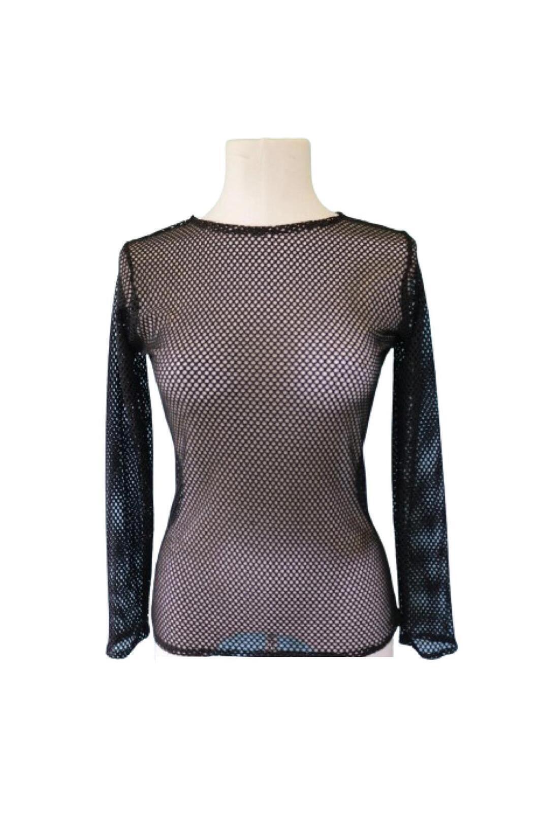 LONG SLEEVE FISHNET TOP Blouse T Shirt Tee Costume Party See