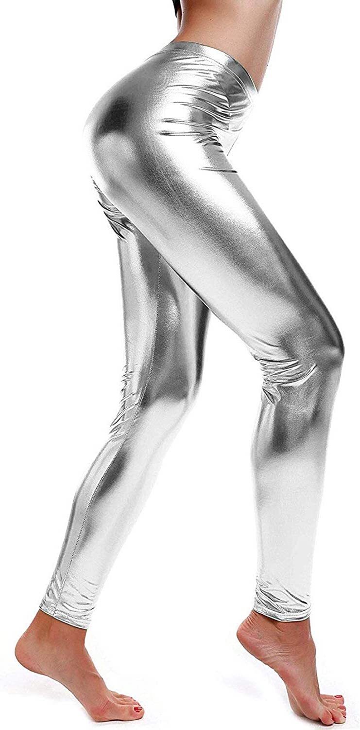 Metallic Leggings Stretchy Pants Neon Fluro Shiny Glossy Dress Up Dance  Party