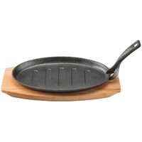 Pyrolux PyroCast Oval Sizzle Plate with Maple Tray Cast Iron Pan 27 x 18 cm Black