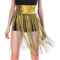 Sequin Belt w/Fringe Skirt Belly Dance Dancer Costume Party - Gold/Yellow