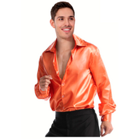 Mens 70s Deluxe Disco Shirt Costume Dance Groovy Dancer Long Sleeve - Orange