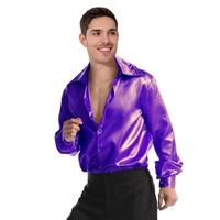 Mens 70s Deluxe Disco Shirt Costume Dance Groovy Dancer Long Sleeve - Purple