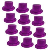 12x GLITTER TOP HAT Fancy Party Plastic Costume Tall Cap Fun Dress Up BULK - Purple