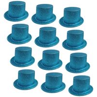 12x GLITTER TOP HAT Fancy Party Plastic Costume Tall Cap Fun Dress Up BULK - Sky Blue