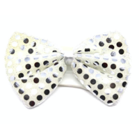 SEQUIN BOW TIE Polka Dots Bowtie Party Unisex Costume  13cm x 9cm Clown - White/Silver