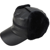  Mens Tractor Ushanka Hat Fox Fur Leather Cap Trapper Warm Winter - Black