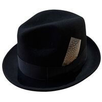 Mens 100% Wool Gangster Felt Hat with Petersham/Feather Trim in Black