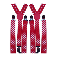 2x Mens Suspenders Braces Adjustable Strong Clip On Elastic Formal Wedding Slim - Red with White Polka Dot