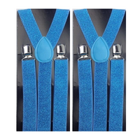 2x Mens Suspenders Braces Adjustable Strong Clip On Elastic Formal Wedding Slim - Sky Blue (Glitter)