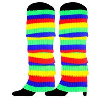 RAINBOW LEG WARMERS High Knitted Womens Neon Party Knit Ankle Socks 80s Dance - Rainbow