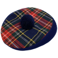 English Stretch Tweed Hat Flat Driving Cap Scottish Tartan Tamoshanta UK Made - Navy/Red