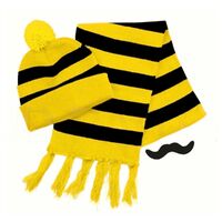 Tigers Beanie Hat & Scarf Set Party Costume w Moustache Warm Winter - Black/Yellow Stripe