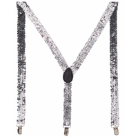 SEQUIN SUSPENDERS Unisex Adjustable Braces Clip On Elastic Y-Back  - Silver