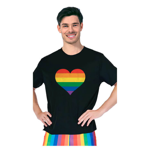 Adult Rainbow Flag T Shirt Top Tee Gay Pride LGBTQ Love Heart - Black - One Size