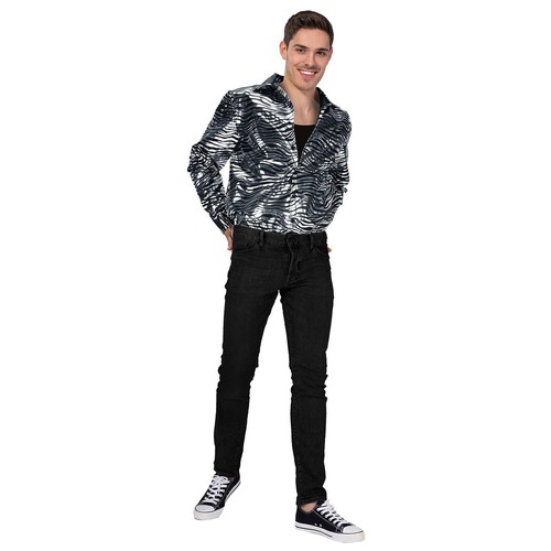 Mens Deluxe Disco Tiger Print Shirt Mens Party Costume in Silver