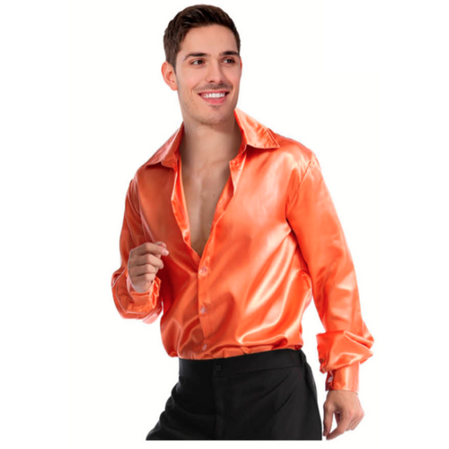 Mens 70s Deluxe Disco Shirt Costume Dance Groovy Dancer Long Sleeve - Orange