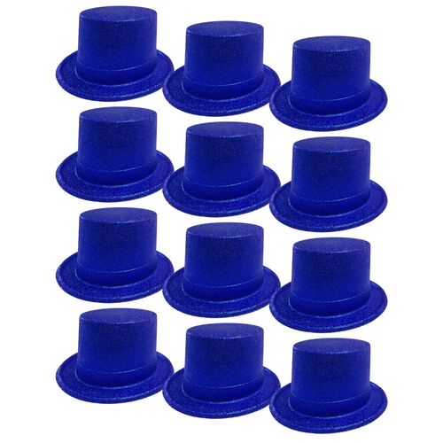 12x GLITTER TOP HAT Fancy Party Plastic Costume Tall Cap Fun Dress Up BULK - Blue