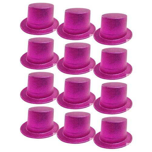 12x GLITTER TOP HAT Fancy Party Plastic Costume Tall Cap Fun Dress Up BULK - Hot Pink