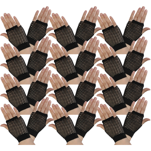 12 Pair Fishnet Gloves Fingerless Wrist Length 70s 80s Costume Party - Black