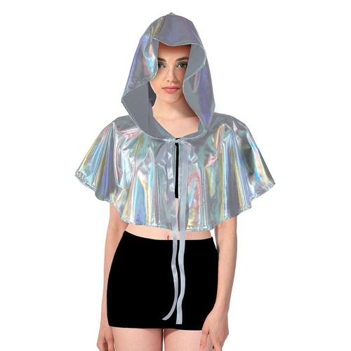 Adult Iridescent Metallic Mini Hooded Cape Halloween Costume Party - Silver