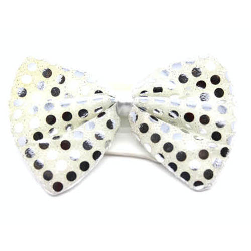 SEQUIN BOW TIE Polka Dots Bowtie Party Unisex Costume  13cm x 9cm Clown - White/Silver