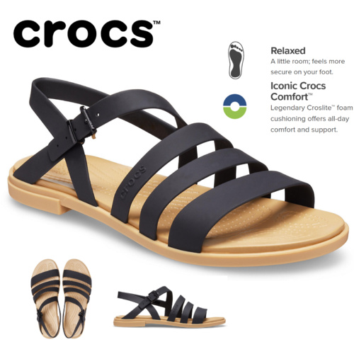 Crocs Tulum Women's Sandals Open Toe Flats Slip On Thongs Summer - Black/Tan