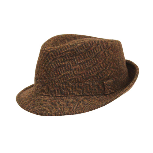 CLASSIC TRILBY HAT Fedora Felt Cap Herringbone Gangster - Brown