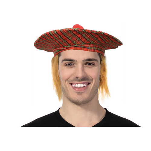 SCOTTISH HAT Tam O'Shanter Fancy Dress Costume with Hair Tartan Cap Party