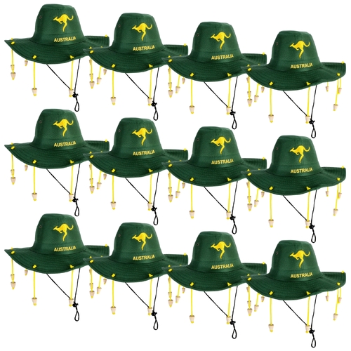 12x Australian Cork Hat – Green with Gold Kangaroo Embroidery Aussie Australia Day