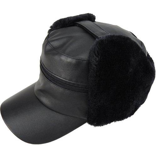  Mens Tractor Ushanka Hat Fox Fur Leather Cap Trapper Warm Winter - Black