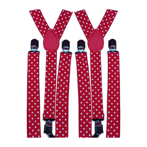 2x Mens Suspenders Braces Adjustable Strong Clip On Elastic Formal Wedding Slim - Red with White Polka Dot