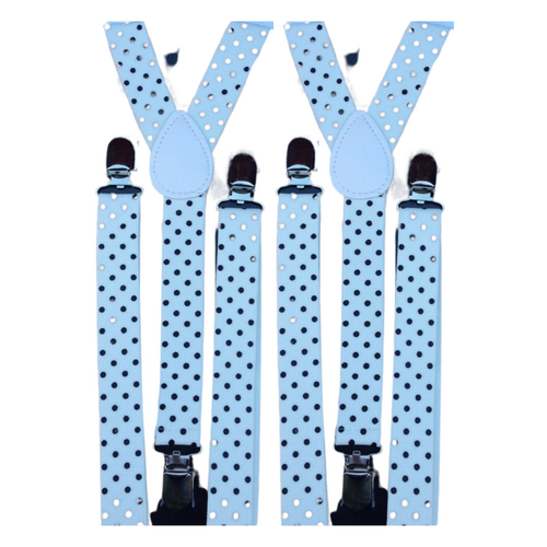 2x Mens Suspenders Braces Adjustable Strong Clip On Elastic Formal Wedding Slim - White with Black Polka Dot