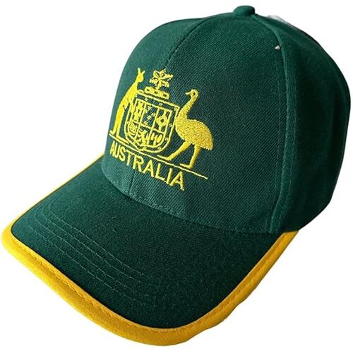 Australia Baseball Cap - Green & Gold with Kangaroo & Emu Design, Adjustable Fit