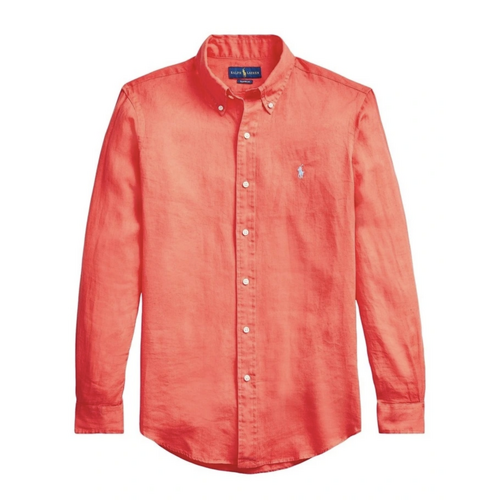 Polo Ralph Lauren Mens  Slim Fit Linen Long Sleeve Shirt - Red