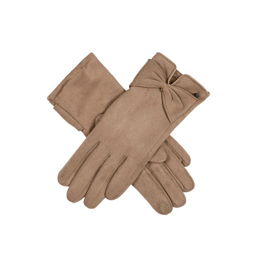 Women's Touchscreen Velour-Lined Faux Suede Gloves with Bow - Camel