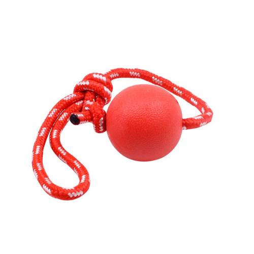 Heavy Duty Dog Toy Rubber Ball w/ Rope Throw Tug Pull Tough Chew Strong in Red