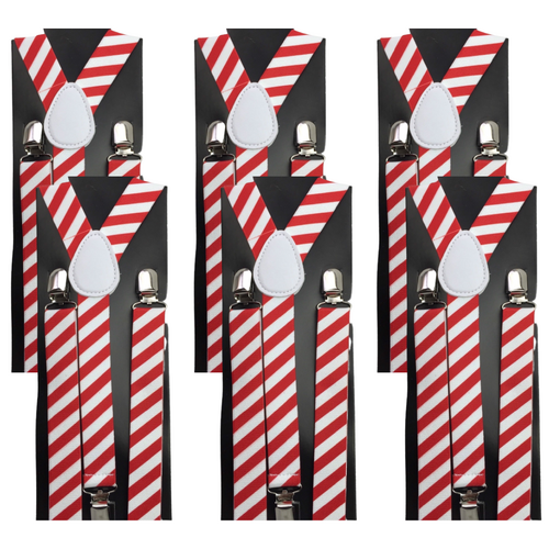 6x Mens Suspenders Braces Adjustable Strong Clip On Elastic Formal Wedding BULK - Red/White Diagonal Stripes