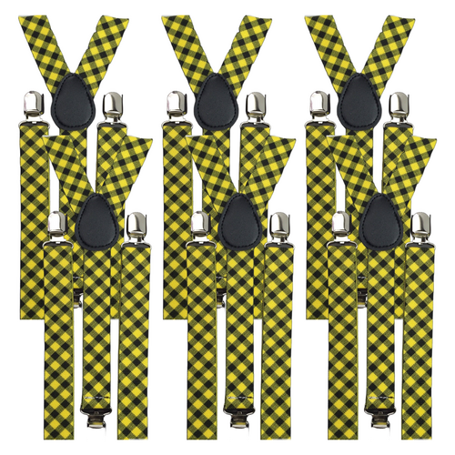 6x Mens Suspenders Braces Adjustable Strong Clip On Elastic Formal Wedding BULK - Black/Yellow Check