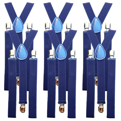 6x Mens Suspenders Braces Adjustable Strong Clip On Elastic Formal Wedding BULK - Navy