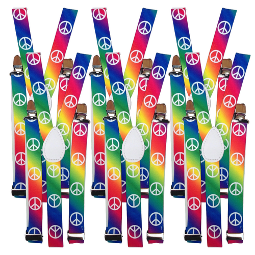 6x Mens Suspenders Braces Adjustable Strong Clip On Elastic Formal Wedding BULK - Rainbow with Peace Symbol