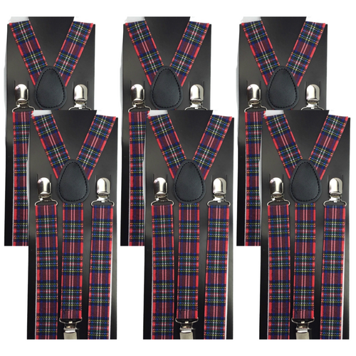 6x Mens Suspenders Braces Adjustable Strong Clip On Elastic Formal Wedding BULK - Tartan 2