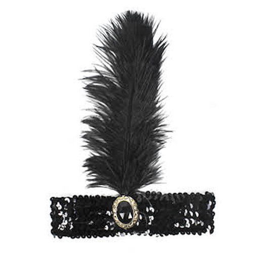 WIDE FLAPPER HEADBAND Feather Sequin Costume Gatsby Charleston Headpiece 1920s - Black