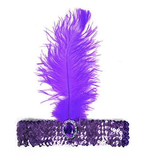 WIDE FLAPPER HEADBAND Feather Sequin Costume Gatsby Charleston Headpiece 1920s - Purple