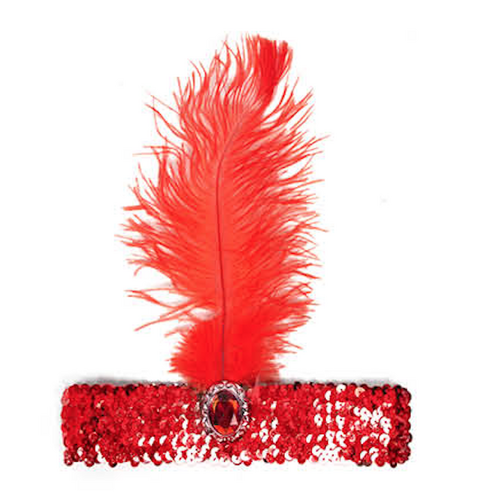 WIDE FLAPPER HEADBAND Feather Sequin Costume Gatsby Charleston Headpiece 1920s - Red