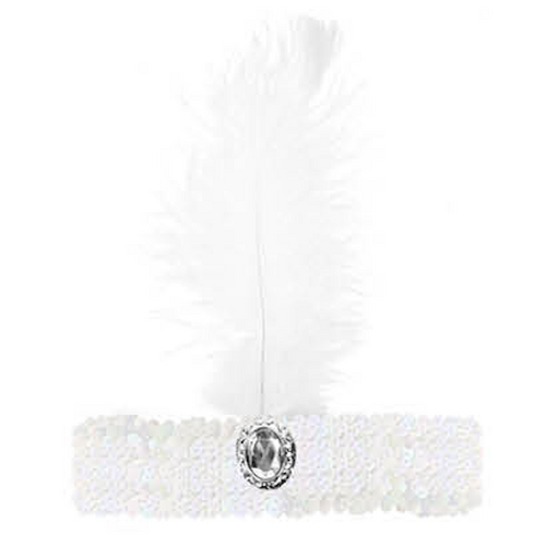 WIDE FLAPPER HEADBAND Feather Sequin Costume Gatsby Charleston Headpiece 1920s - White