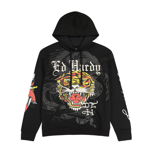 Ed Hardy Mens Tiger Dragon Hoodie Jumper Dagger Pullover in Black