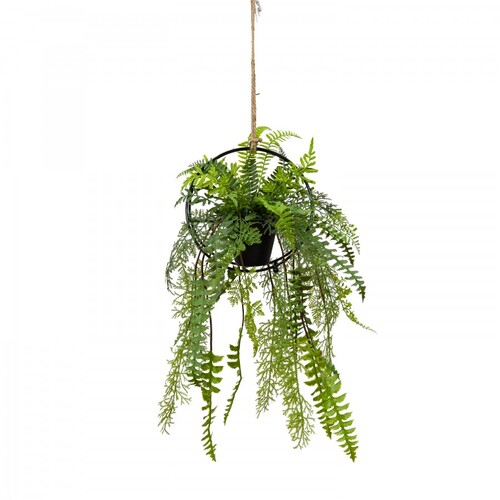 Faux Mixed Fern in Circle Frame Hanger (with Rope) Artificial Plant Flower Decor