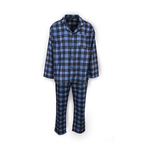 Mens Flannelette Pyjama Set Sleepwear Soft 100% Cotton PJs - Blue Check