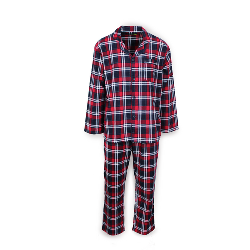 Mens Flannelette Pyjama Set Sleepwear Soft 100% Cotton PJs - Navy/Red