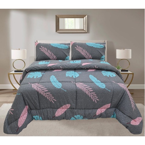 King Cotton Comforter Set with 2 Pillow Cases Duvet Quilt Bedspread in Charcoal